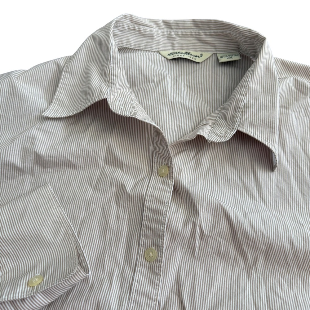 Eddie Bauer Womens XXL Tan White Striped 100% Cotton Button Down Shirt - Picture 1 of 8